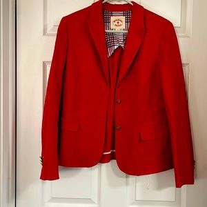 Brooks Brothers Blazer Red plaid lining gold buttons Cotton spandex blend.